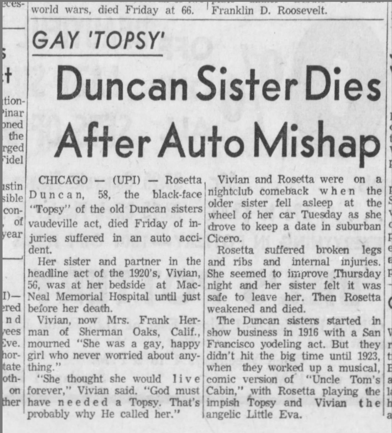 Duncan Sister Dies After Auto Mishap